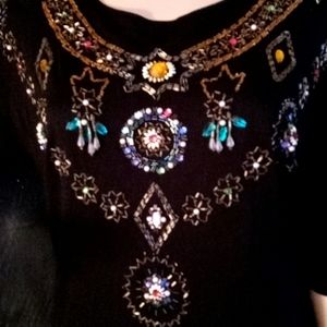 Hand Sewn Rhinestones and Beaded Southwest style  Black Cotton Blouse sz Medium